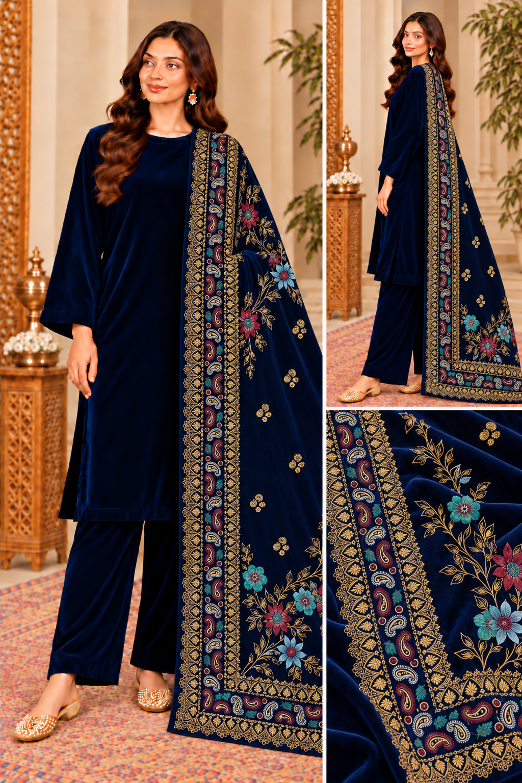 Velvet Plain Suit with Printed Shawl 3 Piece