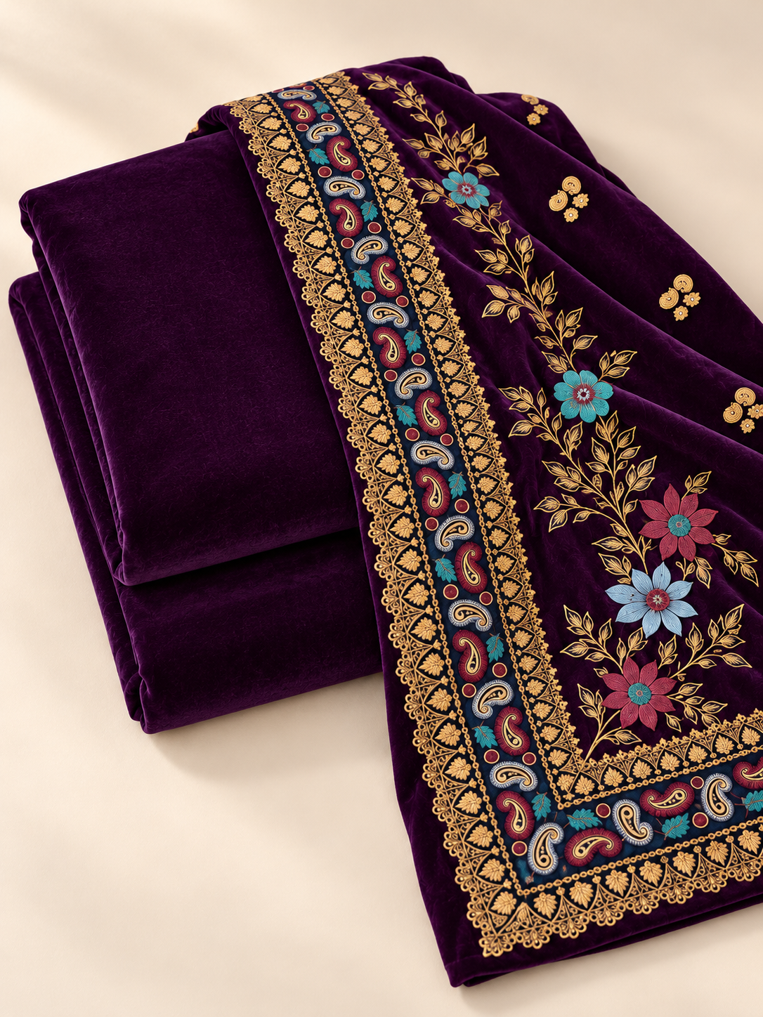 Velvet Plain Suit with Printed Shawl 3 Piece