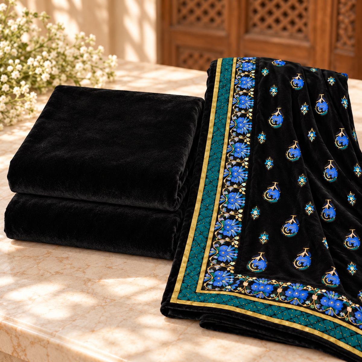 Velvet Plain Suit with Printed Shawl 3 Piece