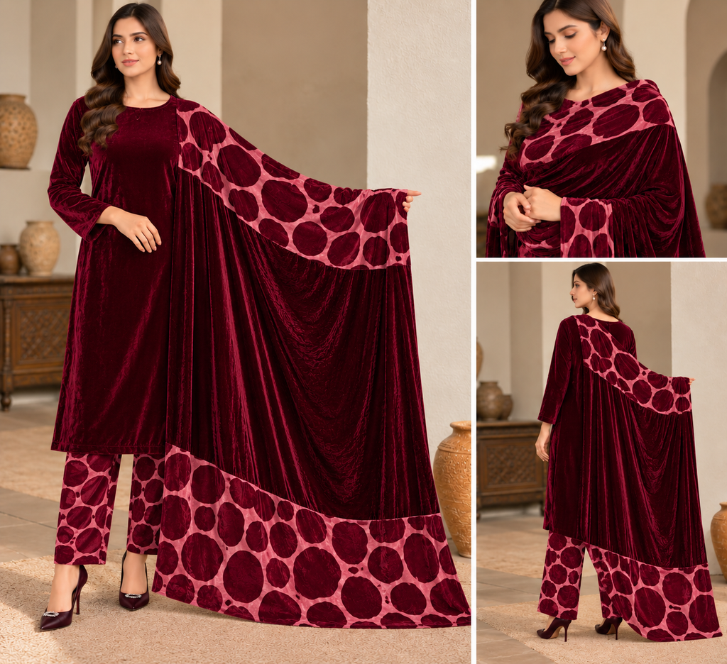 Velvet Printed Unstitched 3 Piece Suit