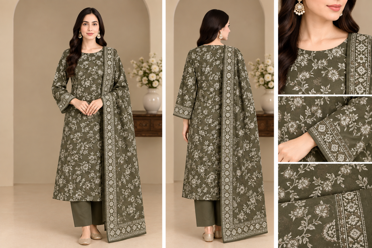 Dhanak Print with Embroidered Velvet Shawl Unstitched 3 Piece Suit