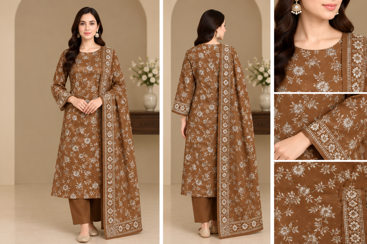 Dhanak Print with Embroidered Velvet Shawl Unstitched 3 Piece Suit