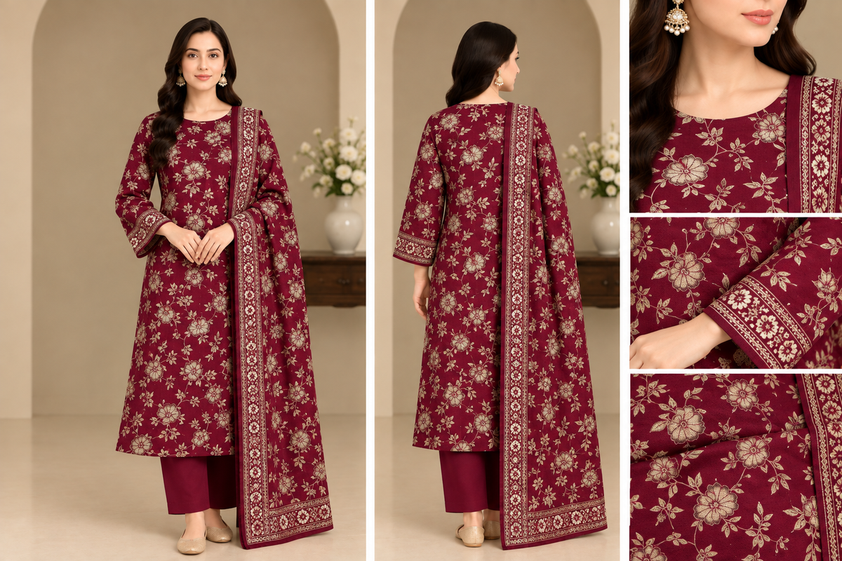 Dhanak Print with Embroidered Velvet Shawl Unstitched 3 Piece Suit