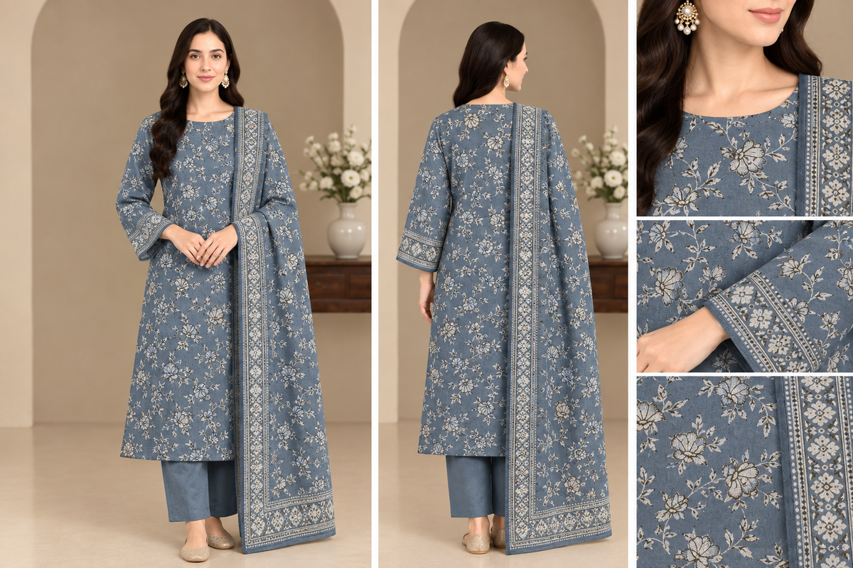 Dhanak Print with Embroidered Velvet Shawl Unstitched 3 Piece Suit