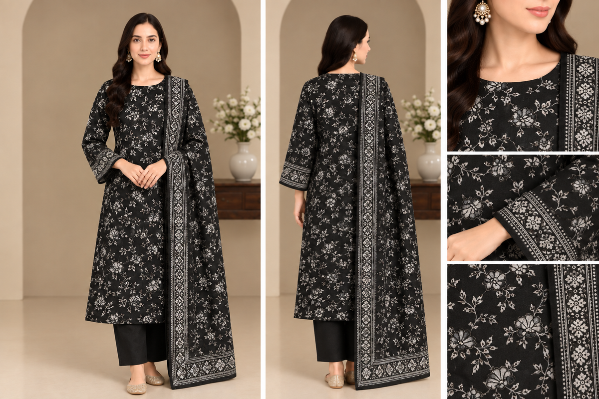 Dhanak Print with Embroidered Velvet Shawl Unstitched 3 Piece Suit