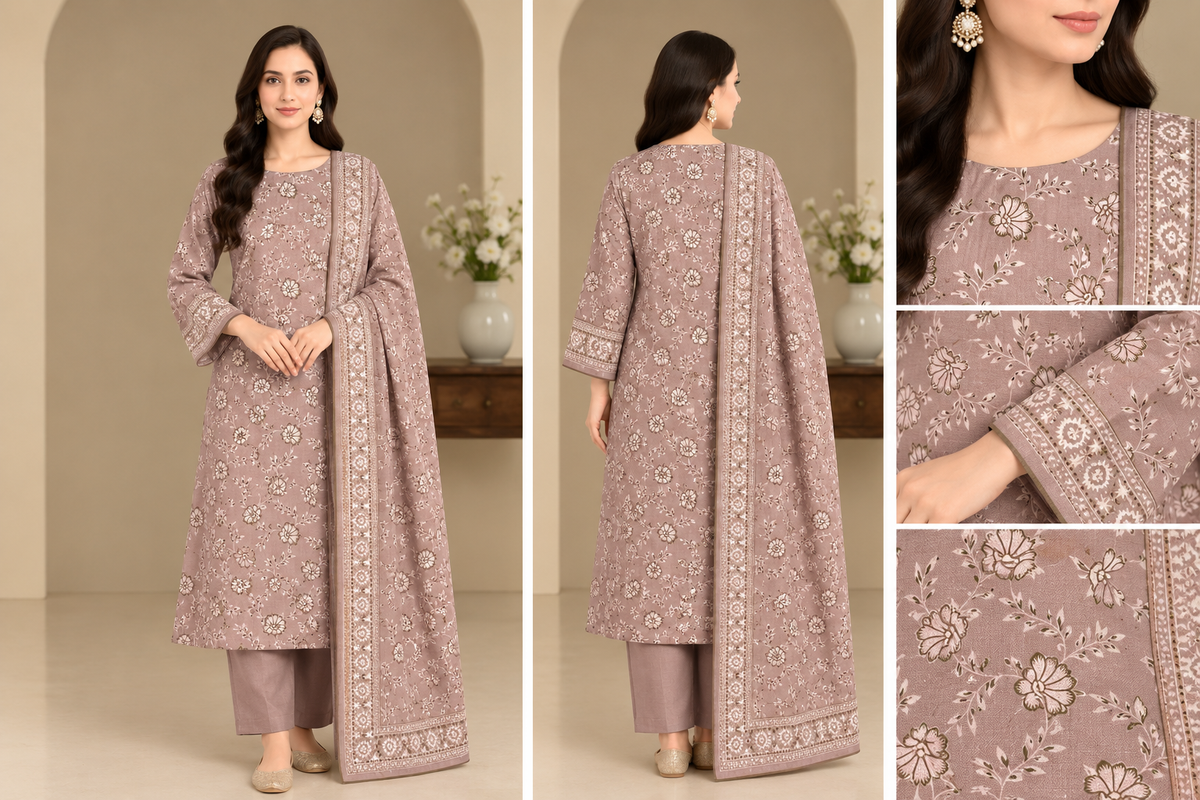 Dhanak Print with Embroidered Velvet Shawl Unstitched 3 Piece Suit