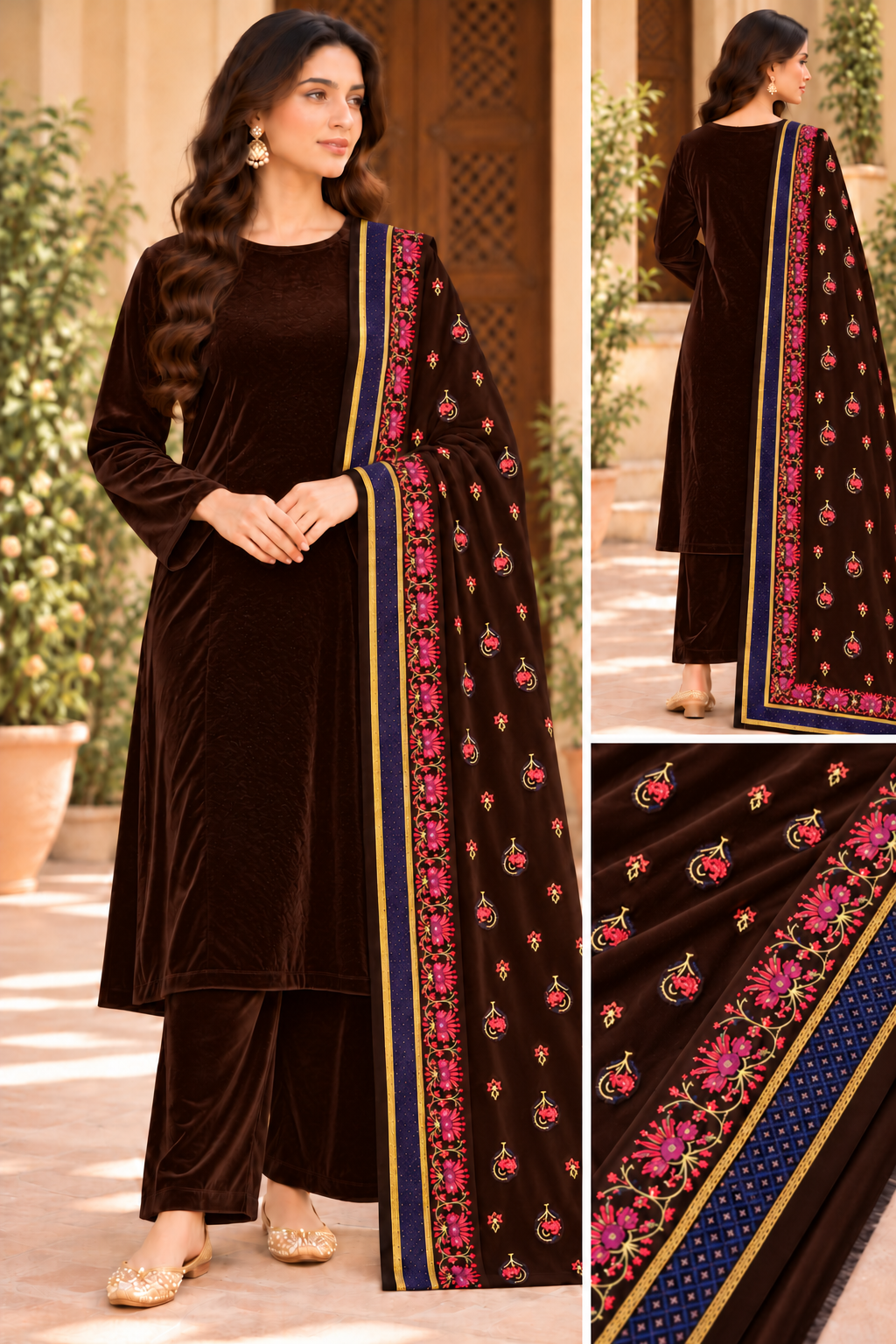 Velvet Plain Suit with Printed Shawl 3 Piece