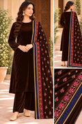 Velvet Plain Suit with Printed Shawl 3 Piece