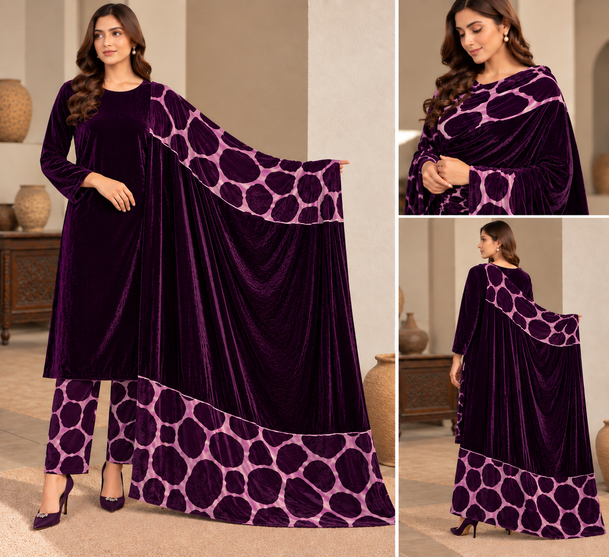 Velvet Printed Unstitched 3 Piece Suit