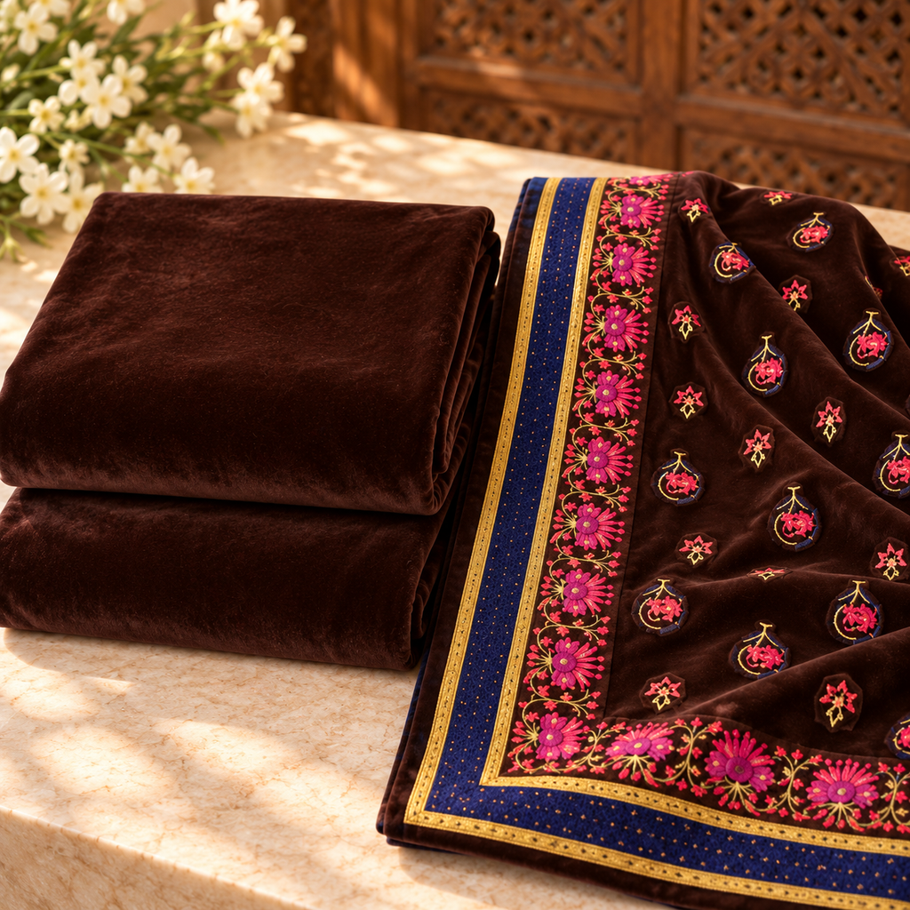 Velvet Plain Suit with Printed Shawl 3 Piece