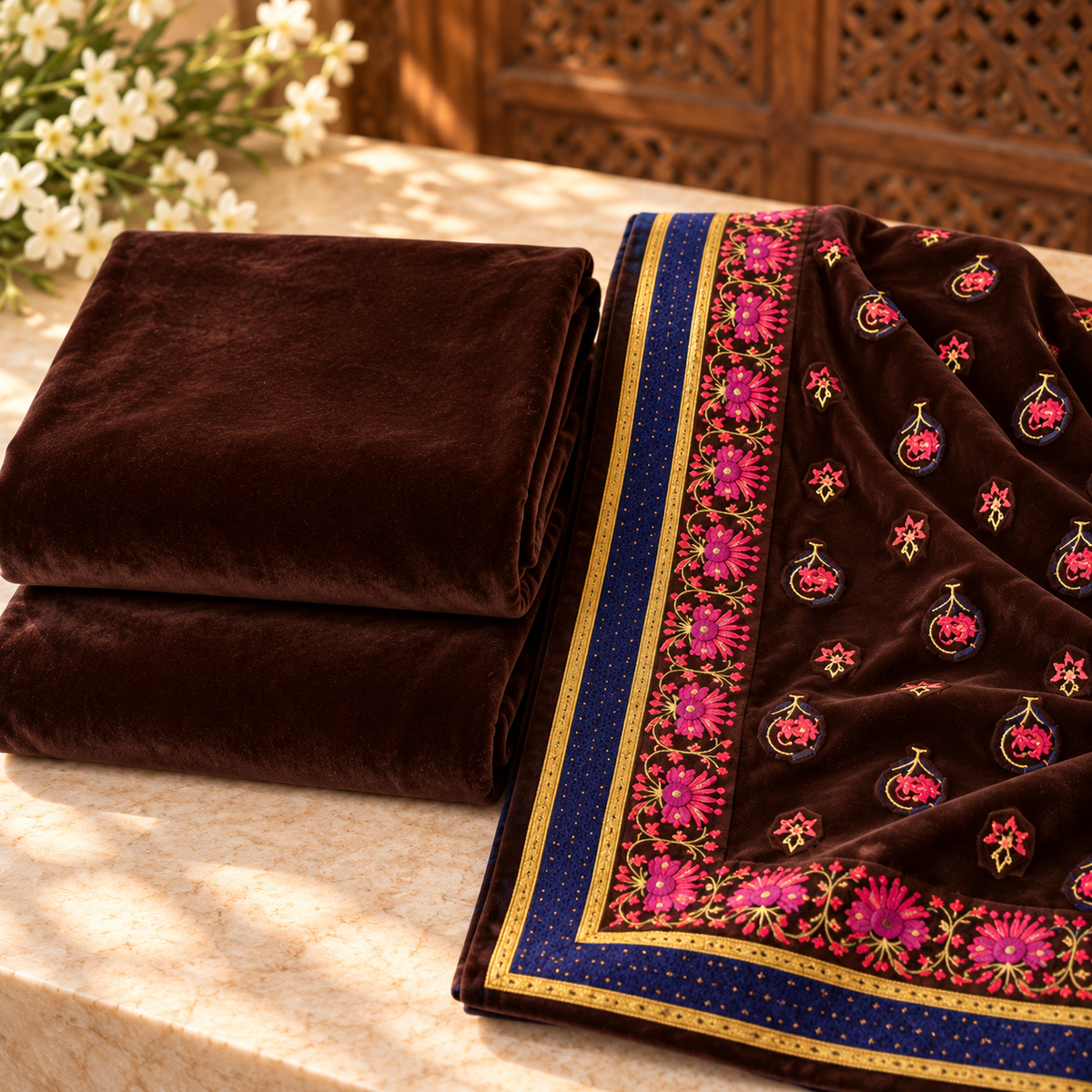 Velvet Plain Suit with Printed Shawl 3 Piece