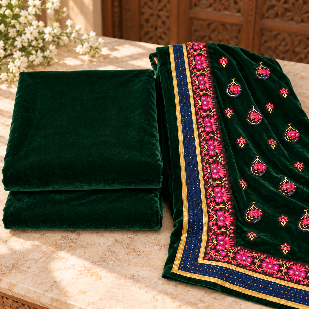 Velvet Plain Suit with Printed Shawl 3 Piece