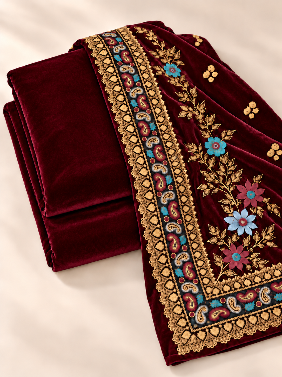 Velvet Plain Suit with Printed Shawl 3 Piece