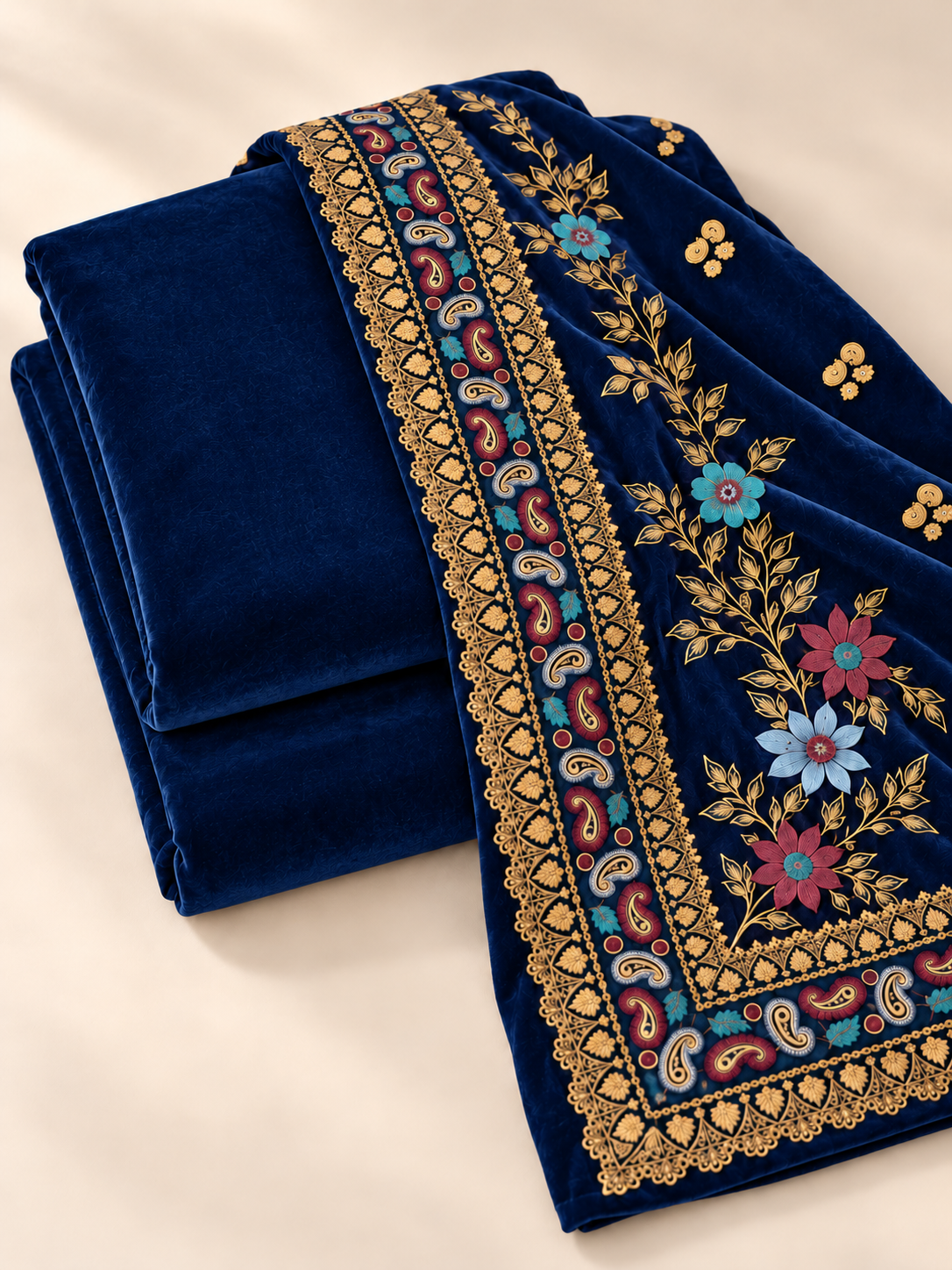 Velvet Plain Suit with Printed Shawl 3 Piece