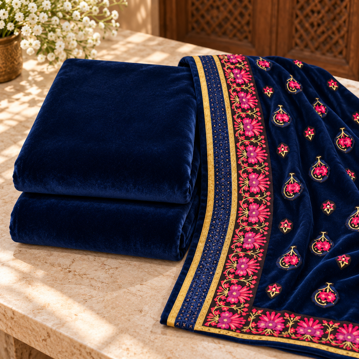 Velvet Plain Suit with Printed Shawl 3 Piece