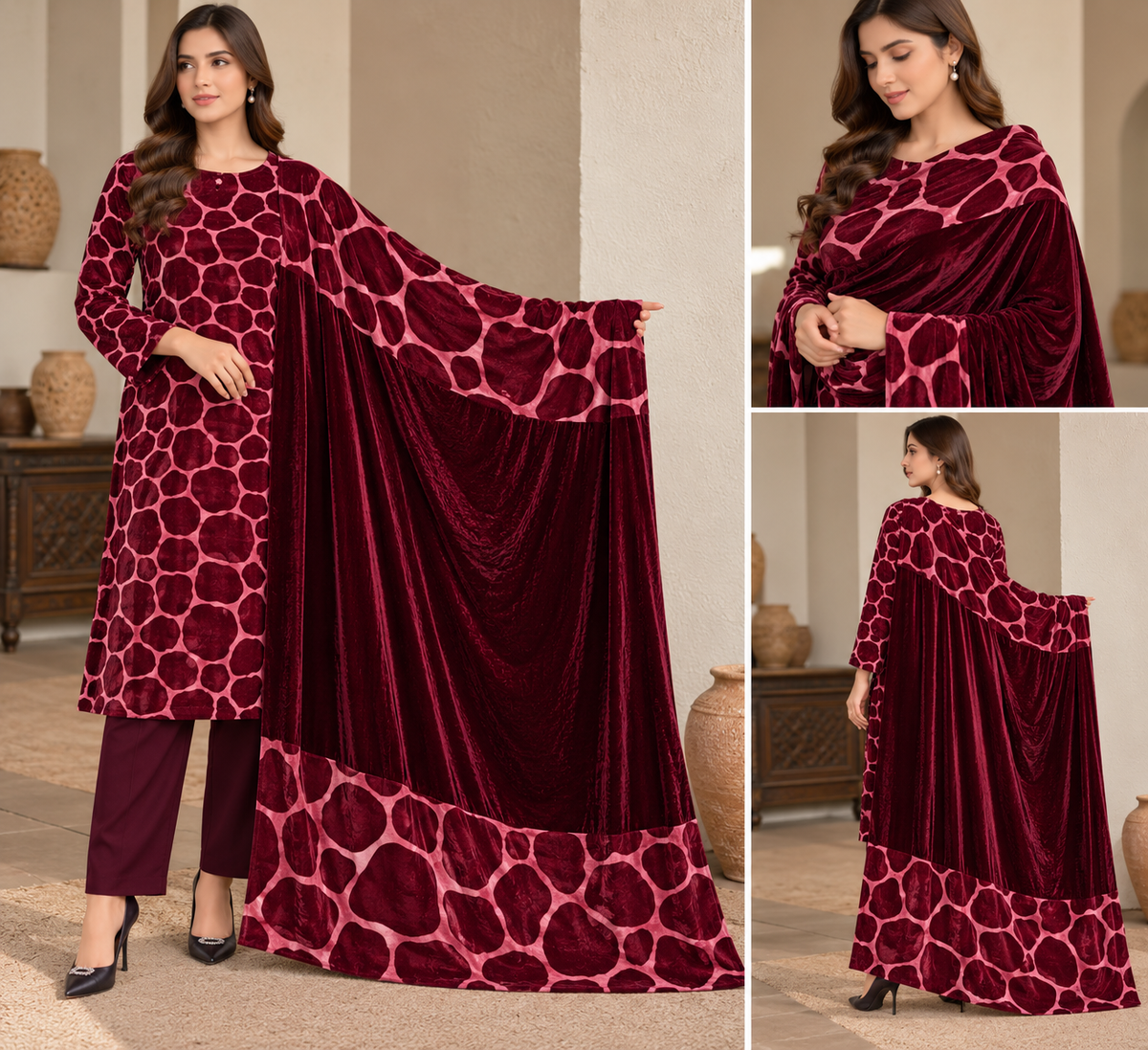 Velvet Printed Unstitched 3 Piece Suit