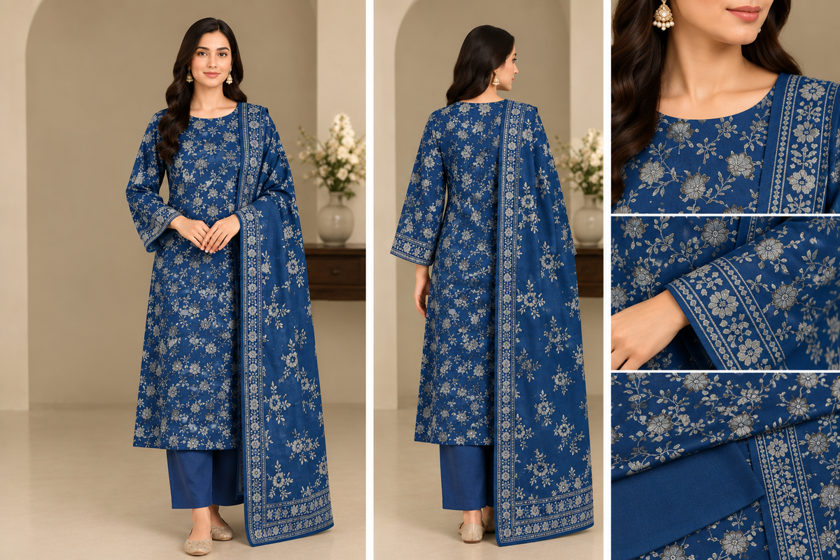 Dhanak Print with Embroidered Velvet Shawl Unstitched 3 Piece Suit