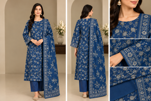 Dhanak Print with Embroidered Velvet Shawl Unstitched 3 Piece Suit