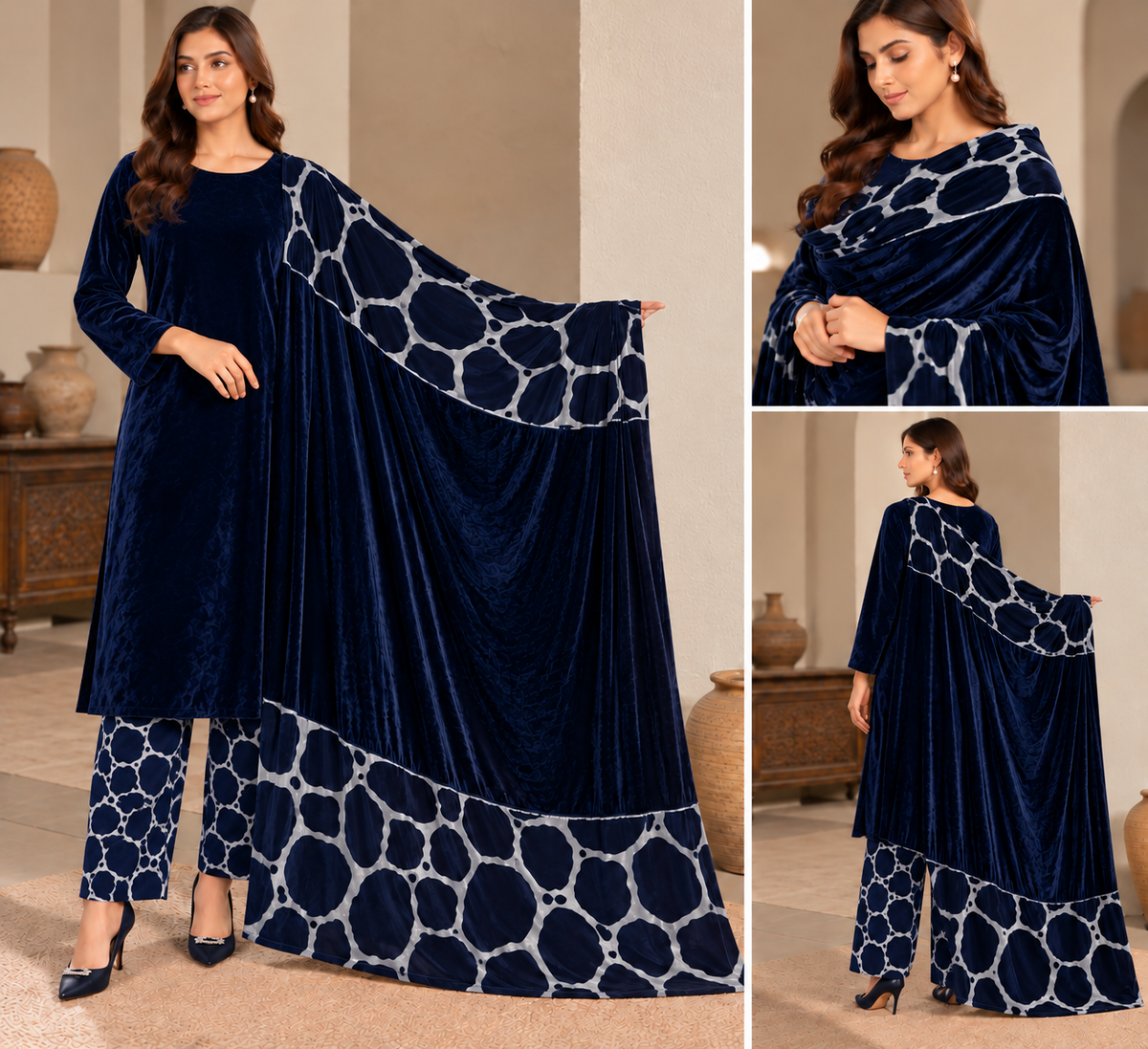 Velvet Printed Unstitched 3 Piece Suit