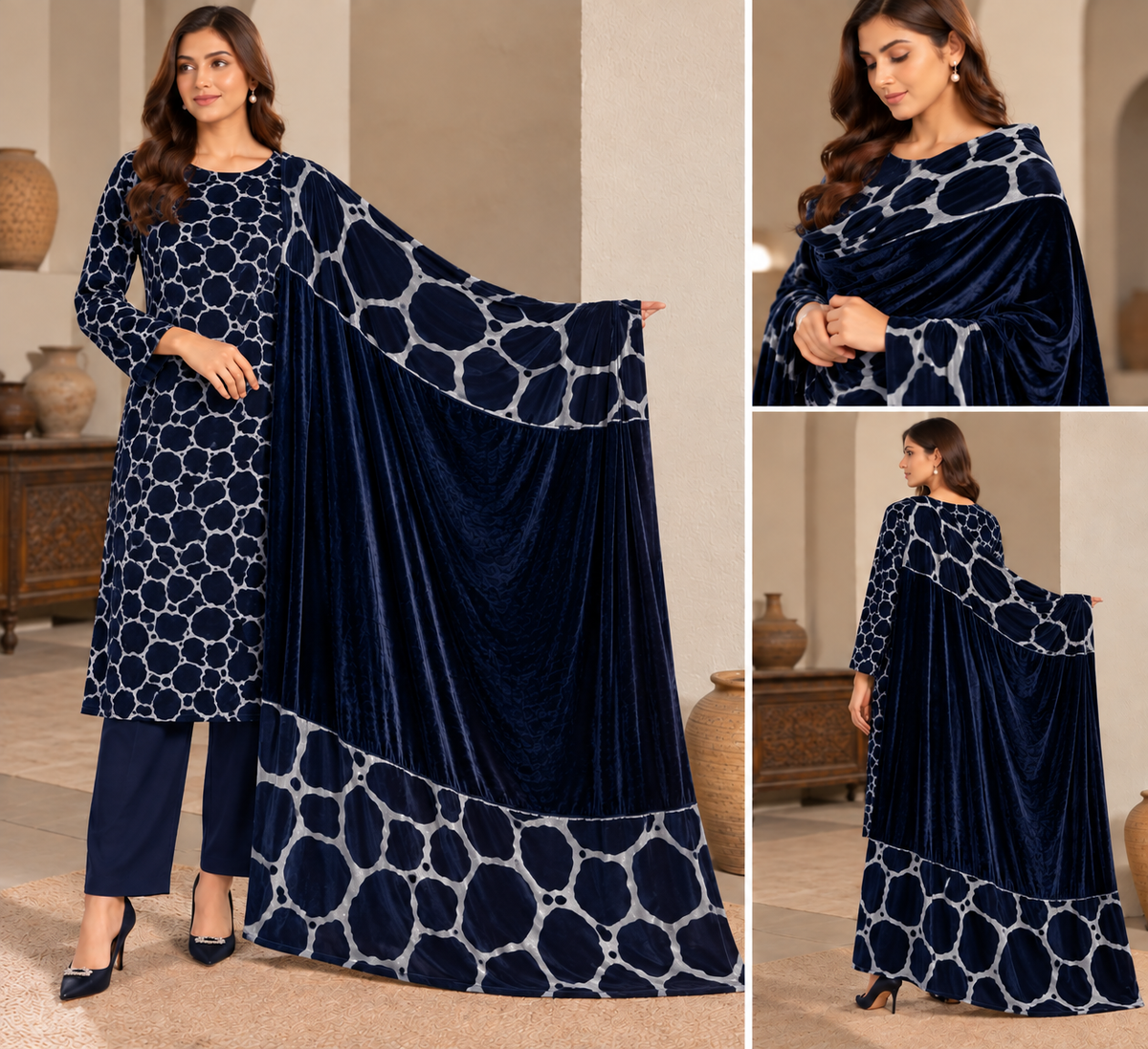 Velvet Printed Unstitched 3 Piece Suit