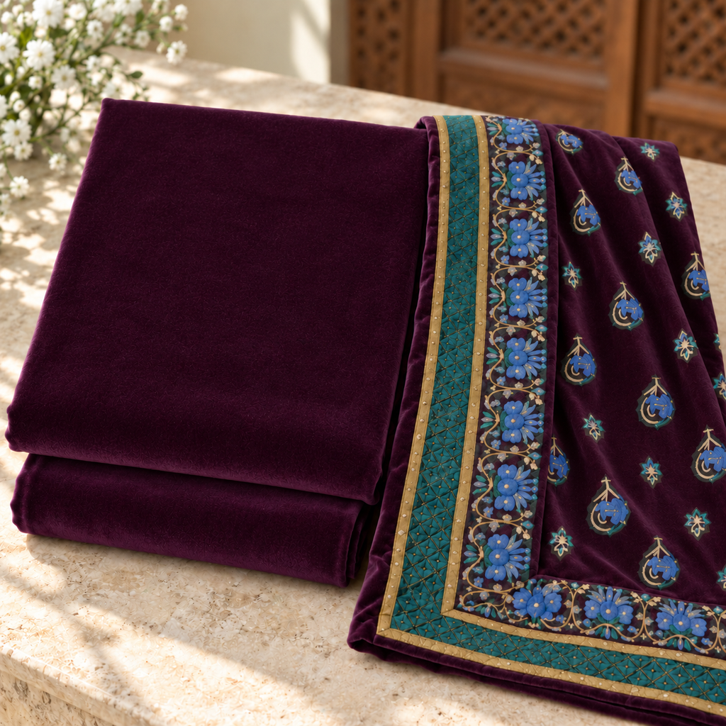 Velvet Plain Suit with Printed Shawl 3 Piece