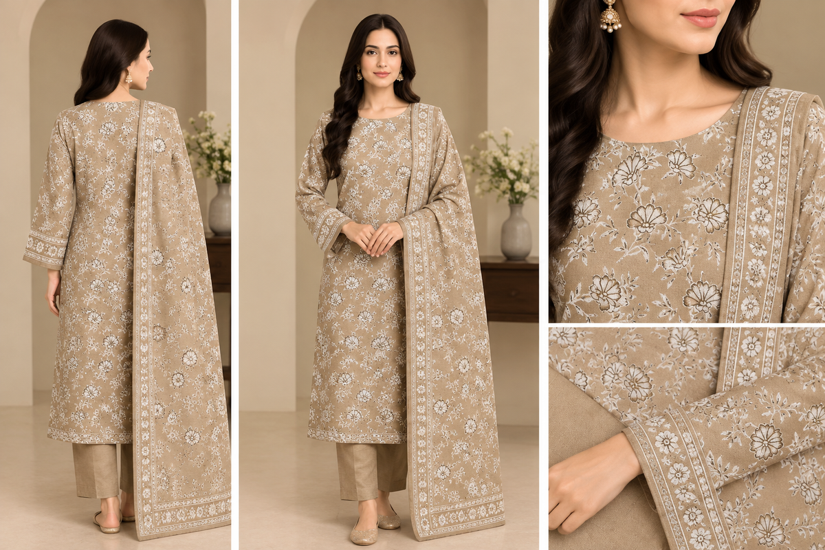 Dhanak Print with Embroidered Velvet Shawl Unstitched 3 Piece Suit