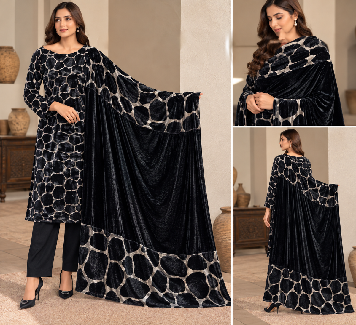 Velvet Printed Unstitched 3 Piece Suit